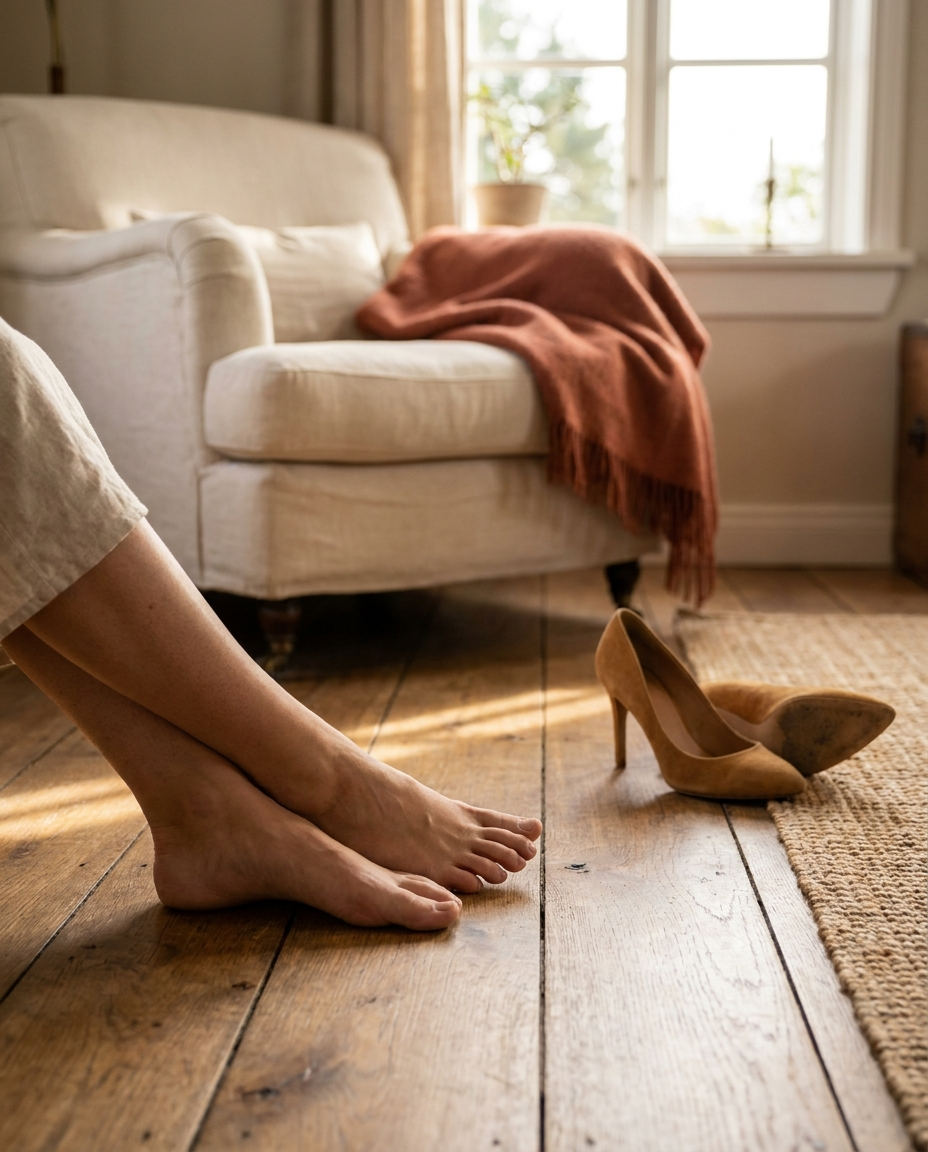 Blote voeten op een houten vloer naast uitgetrokken pumps, laat middaglicht