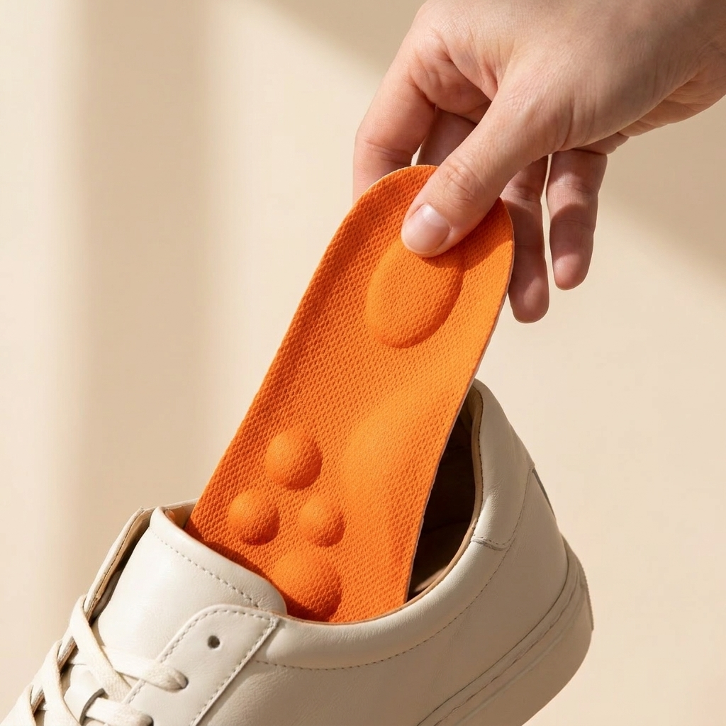 Een hand schuift de inlegzool in een sneaker