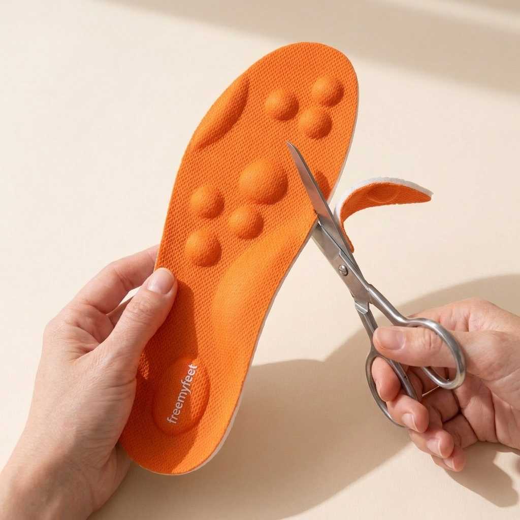 De inlegzool wordt aan de teenkant op maat geknipt met een schaar